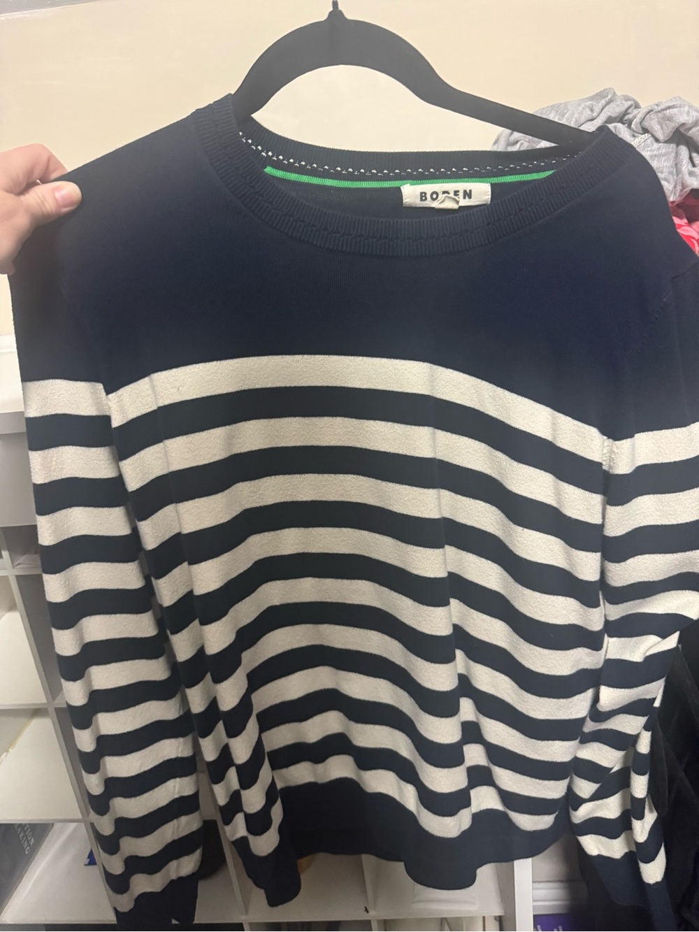 Boden Navy and White Striped Crewneck Sweater